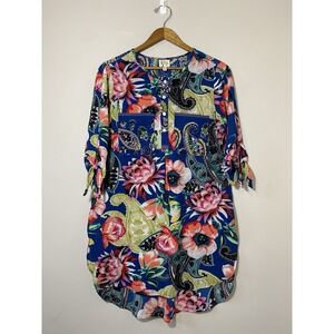 Fig and Flower MEDIUM Multicolor Floral Paisley 3/4 Sleeve‎ W/tie Tunic Dress